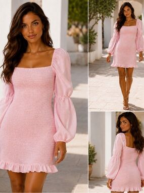 Gianni Bini Pink Smocked Square-Neck Mini w/ Bishop Sleeves retail $139